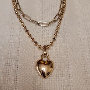 Gold Toned Heart Pendant Necklace With Double Gold Toned Chains NWOT